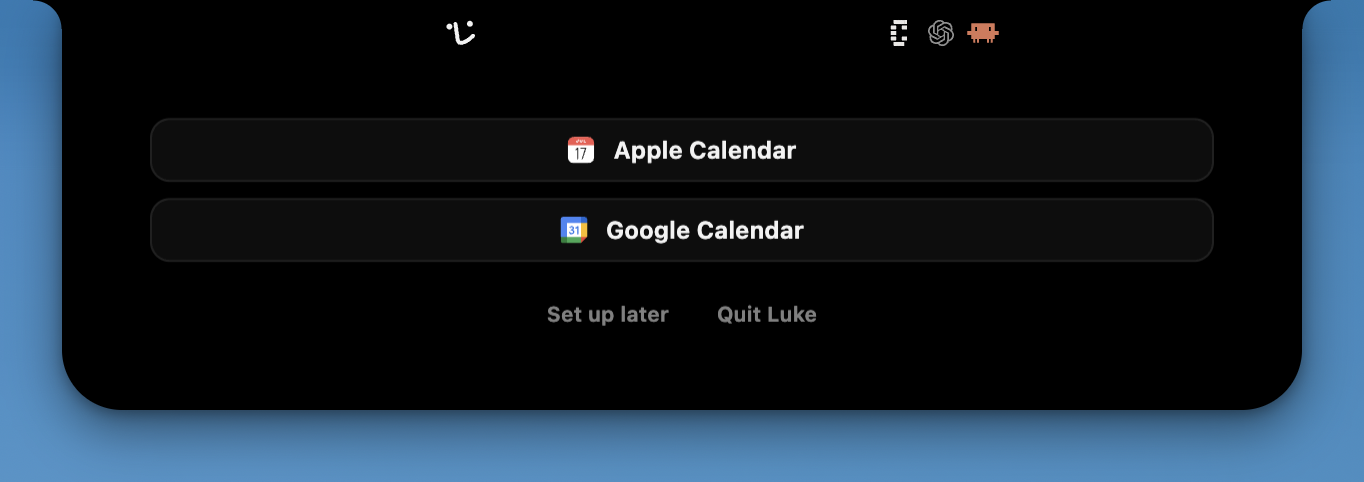 The calendar gate at the end of onboarding, offering this Mac's Calendar or Google.
